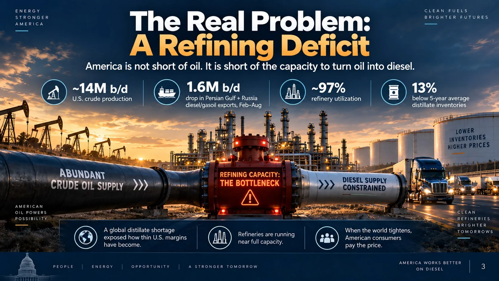 Slide 3 of 13: The Real Problem: A Refining Deficit. Open to enlarge; source notes are available below.